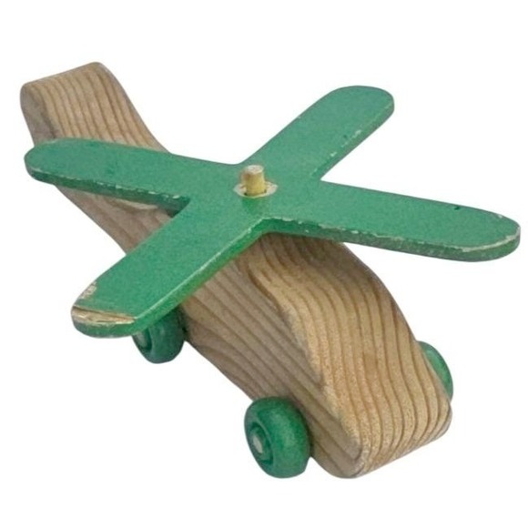 Vintage Wooden Toy Helicopter Green Blades Rolling Wheels Natural Wood no sliver - Picture 2 of 4